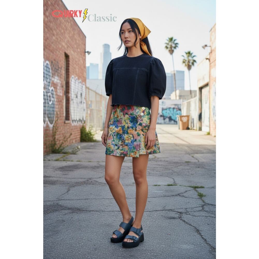 Benjamin Benmoyal Wrap Mini Skirt, Size S Multicolor Flower Jacquard Spring Luxe